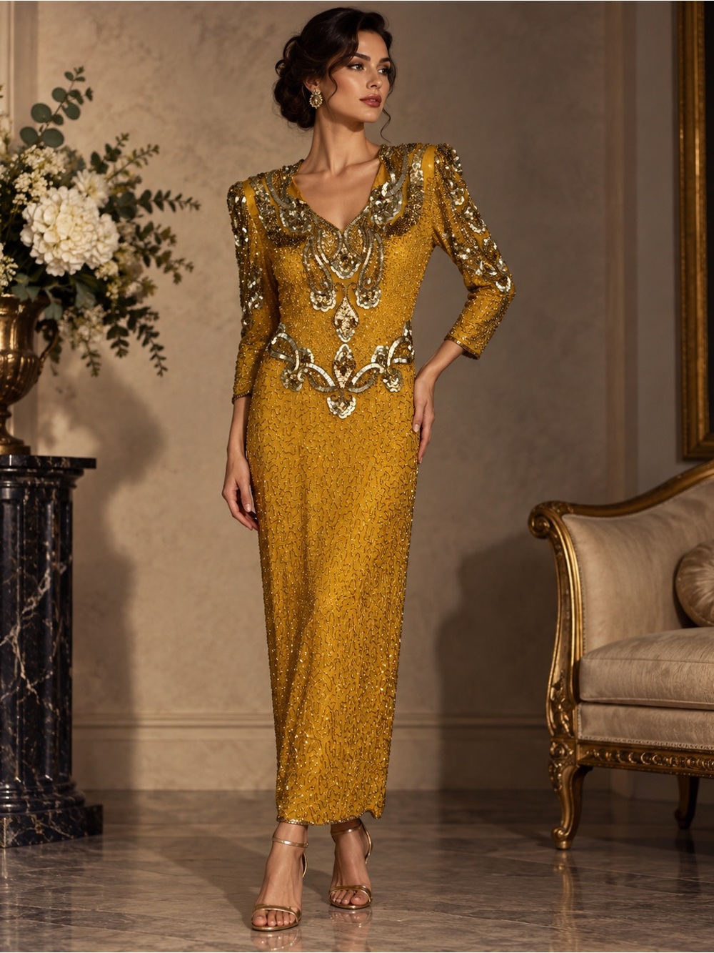 Vintage Laurence Kazar Maxi Sequin Embellished Evening Dress Gown
